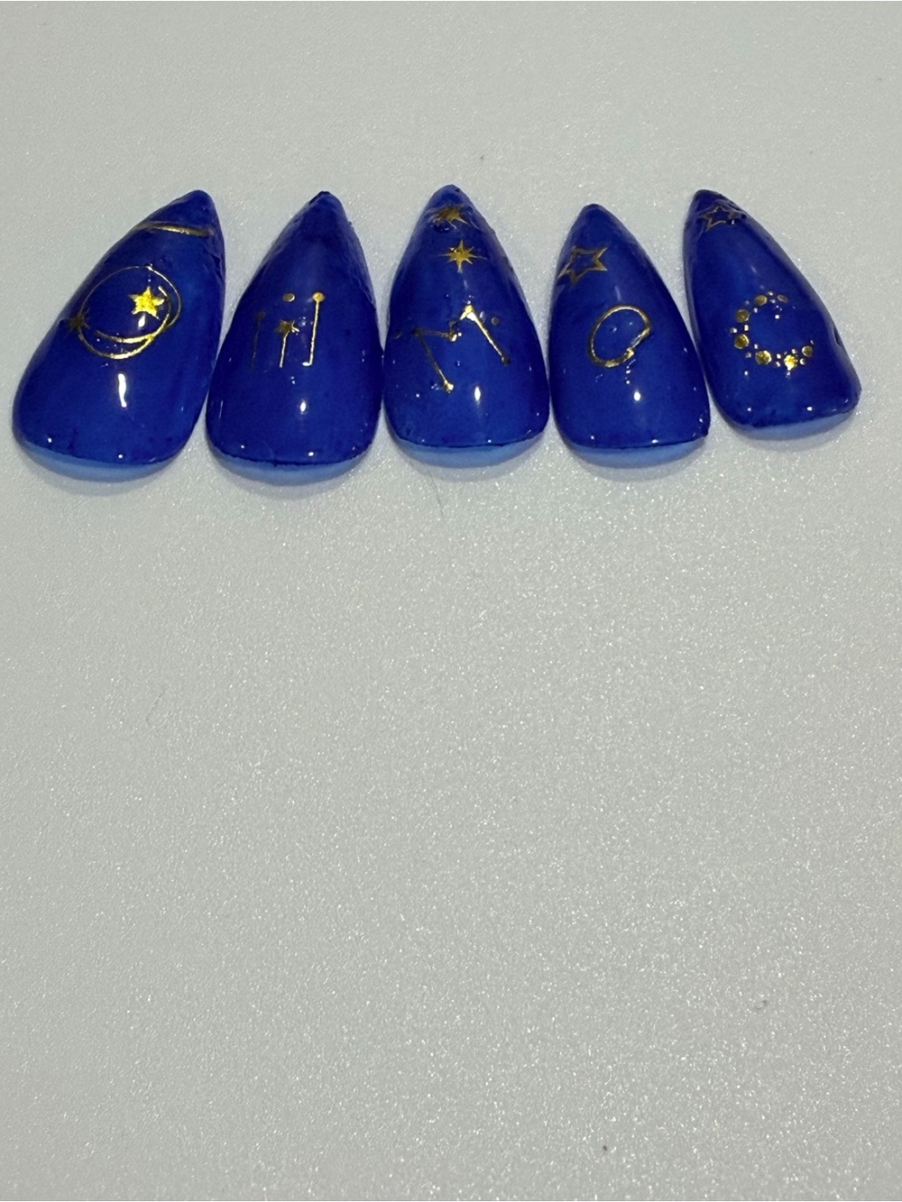 Cobalt Blue Press-On Nail Set with Gold Cosmic Accents